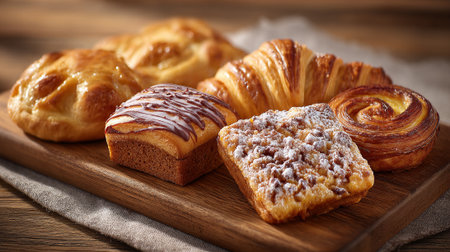 Delicious Pastries Displayed Artfully on Wooden Board Perfect for Breakfast or Dessertの素材
