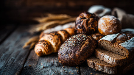 Delicious Assortment of Freshly Baked Bread on Rustic Wooden Surfaceの素材
