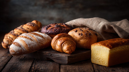 Delicious Assortment of Baked Goods on Rustic Wooden Surface, A Tempting Displayの素材