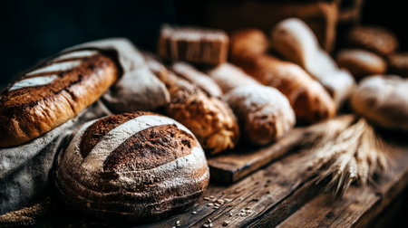 Rustic Artisan Bread Displayed on a Vintage Wooden Table Surfaceの素材