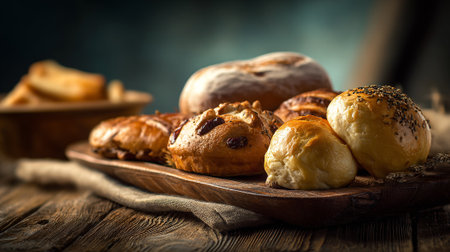Freshly Baked Assortment of Breads Arranged on Wooden Platter with Rustic Backgroundの素材