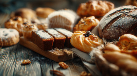 Delicious Assortment of Fresh Baked Goods on Rustic Wooden Surfaceの素材