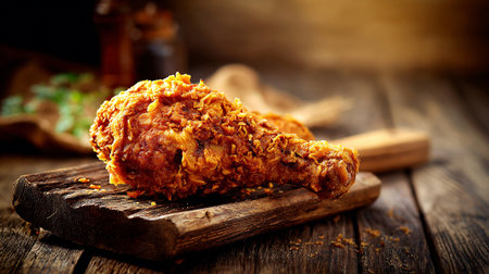 Golden, Crispy Fried Chicken Drumstick on a Rustic Wooden Serving Boardの素材