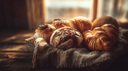 Freshly Baked Goods in a Rustic Setting Bathed in Warm, Soft Lightの素材