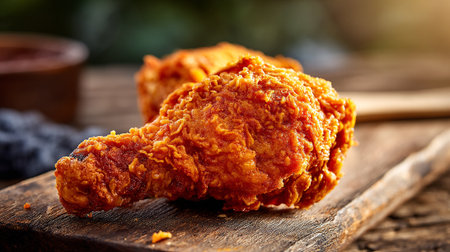 Delicious crispy fried chicken on a rustic wooden board awaits consumption.の素材