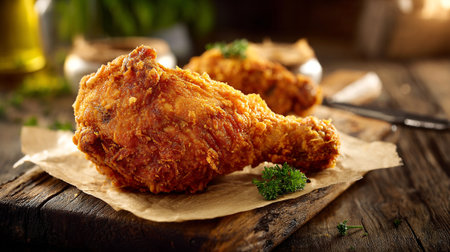 Delicious crispy fried chicken drumsticks served on rustic wood, close-up view.の素材