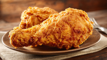 Crispy, Golden Fried Chicken on a Rustic Wooden Plate Ready to Eatの素材