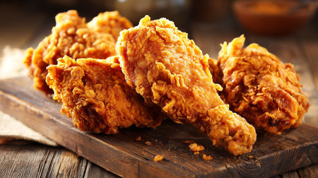 Crispy golden fried chicken on a wooden board, a delicious treat.の素材
