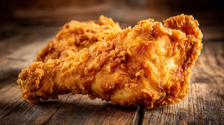 Golden Fried Chicken Drumsticks on Rustic Wooden Surface with Delicious Lookの素材