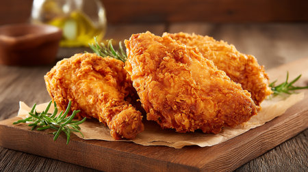 Delicious crispy fried chicken served on a wooden board and parchment paperの素材