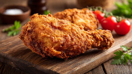 Delicious golden fried chicken on rustic wooden board ready to serveの素材
