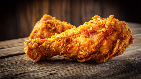 Crispy fried chicken pieces displayed on weathered wooden surface in rustic style.の素材
