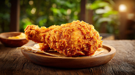 Crispy Fried Chicken Drumsticks on Wooden Plate Displayed Outdoors in Natural Lightの素材