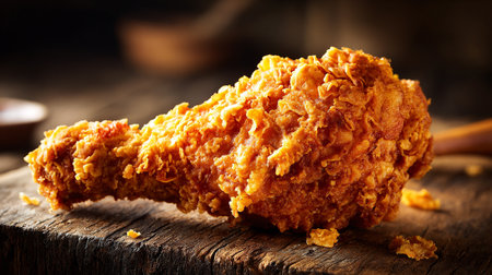 Golden Crispy Fried Chicken Leg on a Rustic Wooden Surfaceの素材