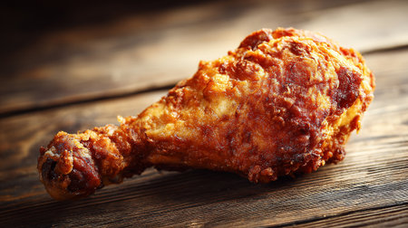 Golden fried chicken leg on a rustic wooden surface, savory delightの素材