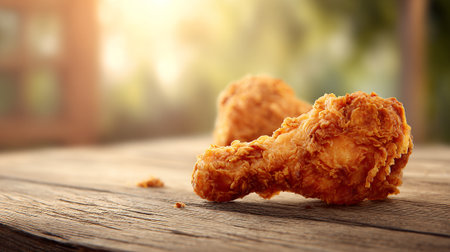 Delicious golden fried chicken on an old wooden table outside setting.の素材