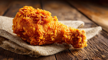 Crispy fried chicken drumstick on rustic wooden surface with burlap textureの素材