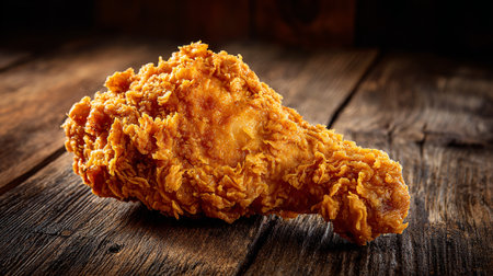 Crispy golden fried chicken drumstick on rustic wooden table surface, studio shotの素材