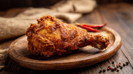 Delicious fried chicken drumstick plated with spicy peppers on a wooden table.の素材