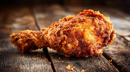 Golden crispy fried chicken drumstick on rustic wood surface creating a warm tone.の素材