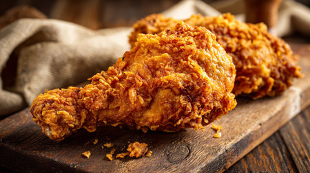 Delicious golden fried chicken on rustic wooden board ready to be servedの素材