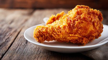 Delicious crispy fried chicken on rustic wooden background creating a mouthwatering effect.の素材
