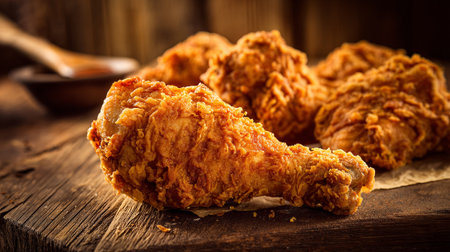 Golden fried chicken drumsticks on rustic wood surface create tempting still lifeの素材