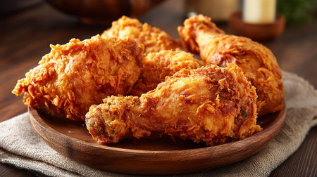 Golden Fried Chicken Pieces Arranged on a Rustic Wooden Platterの素材