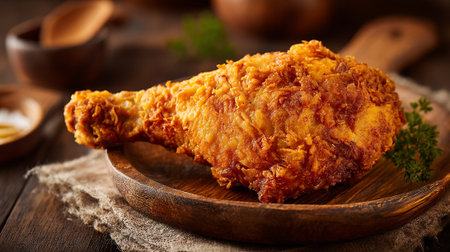 Golden fried chicken leg piece served on a rustic wooden plate.の素材