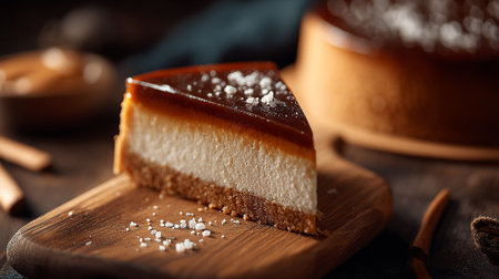 Decadent caramel cheesecake slice adorned with sea salt on wooden boardの素材