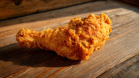 Golden Crispy Fried Chicken Drumstick on Rustic Wooden Surface for Comfort Foodの素材