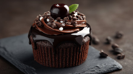 Decadent Chocolate Cupcake with Cherry Topping on Slate Plateの素材