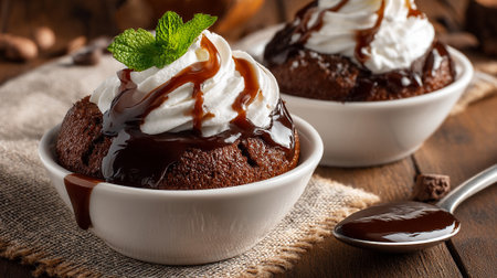 Delicious Chocolate Lava Cakes with Cream and Caramel Drizzle Indulgeの素材