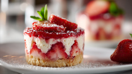 Delicious strawberry dessert with creamy filling on white plateの素材