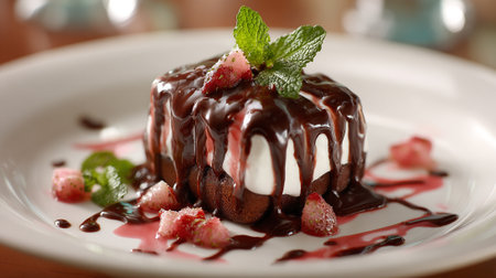 Decadent Chocolate Cake Drizzled with Fudge, Strawberries and Creamy Mint.の素材
