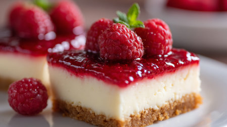 Raspberry Cheesecake Squares Garnished with Fresh Mint Leaves on White Plateの素材