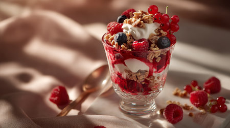 Delicious Fruit Parfait with Granola, Cream, and Fresh Berries Delightの素材