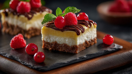 Delicious raspberry cheesecake squares with chocolate drizzle and mint garnishの素材