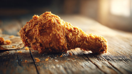 Delicious and Crispy Golden Fried Chicken Drumstick on Rustic Wooden Surfaceの素材