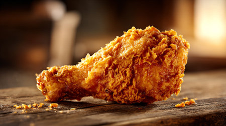 Golden Fried Chicken Leg Drumstick on Rustic Wooden Surface Backdrop.の素材