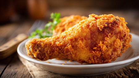 Crispy Fried Chicken Leg on a Plate with Parsley Garnishの素材