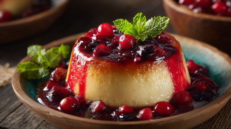 Delicious Creme Caramel Dessert with Cranberry Topping and Mint Garnishmentの素材