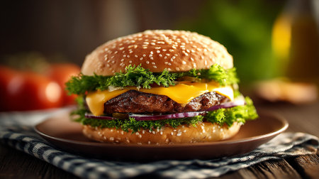 Delicious cheeseburger with fresh ingredients on a wooden table surfaceの素材