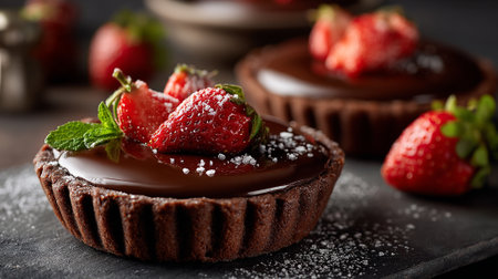 Delicious Chocolate Tartlets with Fresh Strawberries and Mint Garnishingの素材