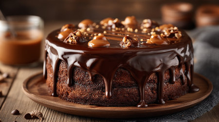 Decadent Chocolate Cake Topped with Caramel and Nuts Delights the Sensesの素材