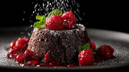Decadent Chocolate Lava Cake Garnished with Fresh Raspberries and Mintの素材