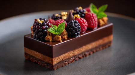 Exquisite Chocolate Dessert with Fresh Berries and Delicate Gold Leafの素材