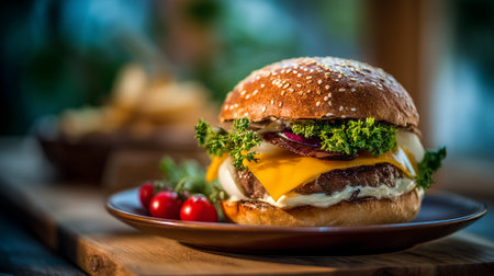 Delicious American Burger Featuring Cheddar Cheese, Fresh Greens, and Toasted Sesame Bunの素材