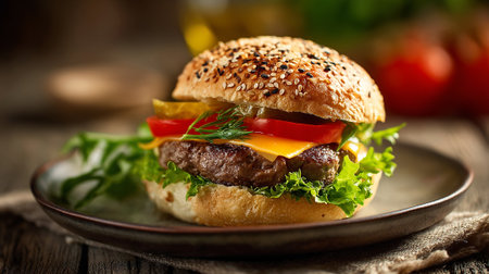 Mouthwatering Classic Hamburger Composition with Fresh Ingredients on Vintage Wooden Tableの素材