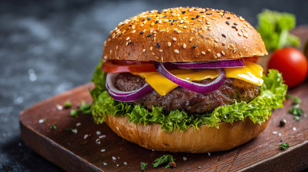 Delicious gourmet hamburger with fresh ingredients presented on a rustic wood board.の素材